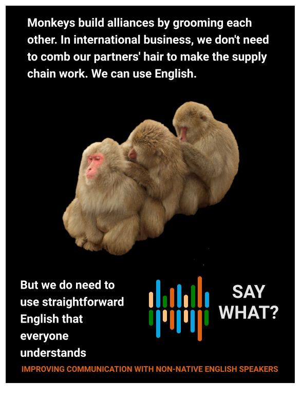Monkeys build alliances by grooming each other. In international business, we don't need to comb our partners' hair to make the supply chain work. We can use English. But we do need to use straightforward English that everyone understands    SAY WHAT? IMPROVING COMMUNICATION WITH NON-NATIVE ENGLISH SPEAKERS