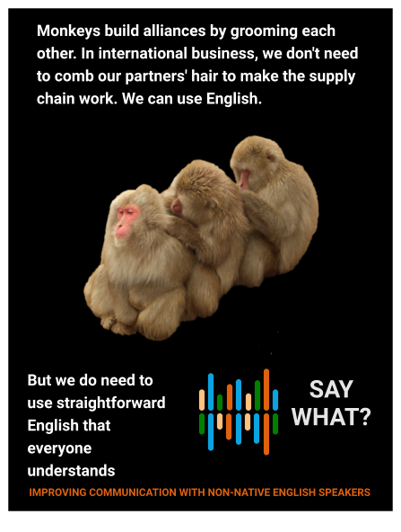 Monkeys build alliances by grooming each other. In international business, we don't need to comb our partners' hair to make the supply chain work. We can use English. But we do need to use straightforward English that everyone understands    SAY WHAT? IMPROVING COMMUNICATION WITH NON-NATIVE ENGLISH SPEAKERS